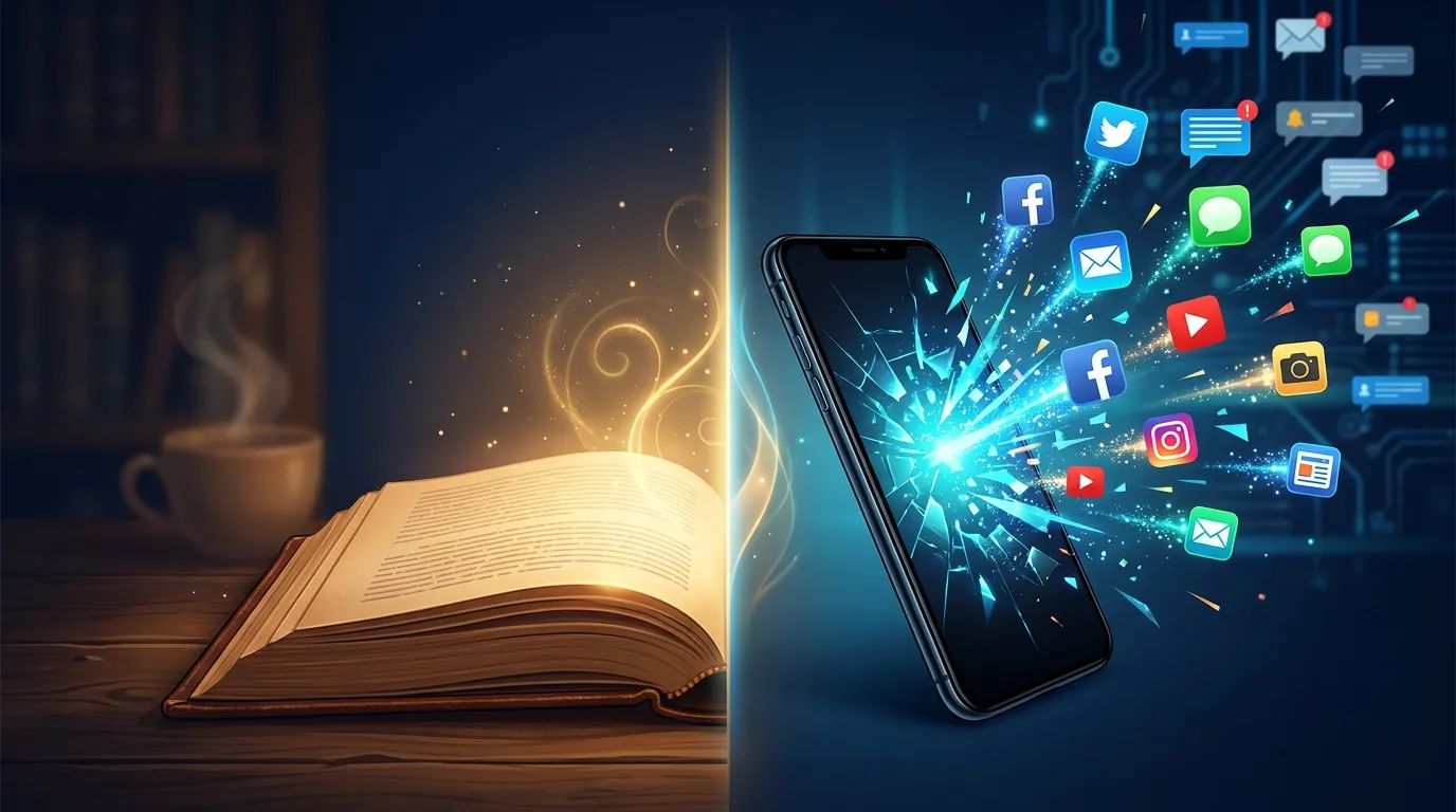 Libro junto a un móvil con notificaciones: cómo la dopamina te impide leer libros largos