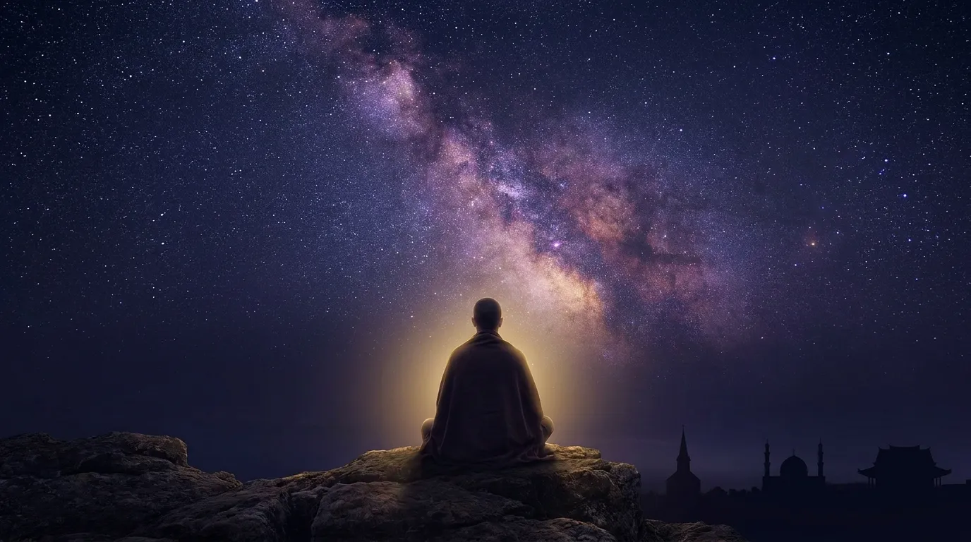 Persona meditando bajo un cielo estrellado: espiritualidad sin religión, un camino autónomo